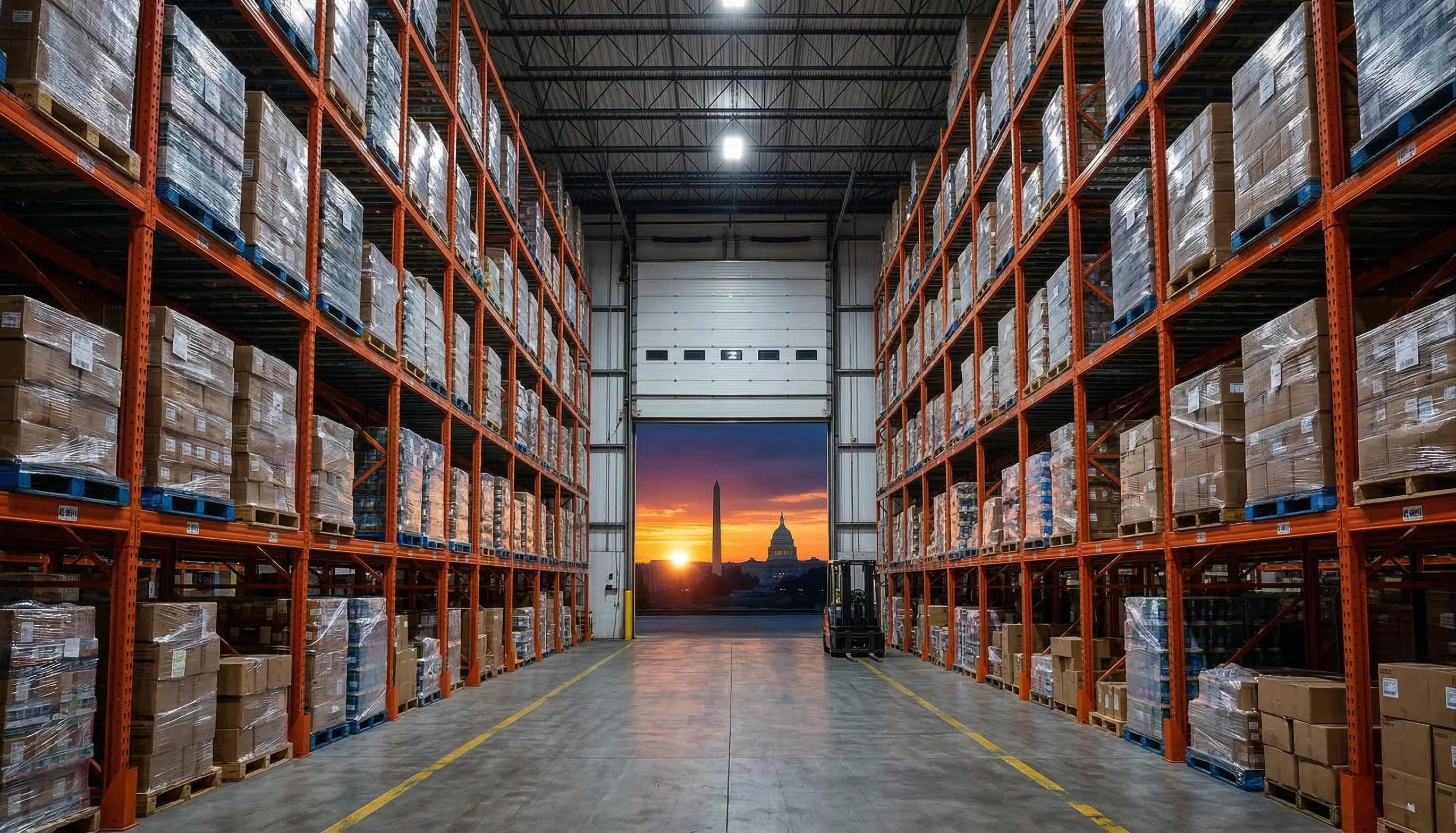 DC Pallet Racking warehouse with Washington DC skyline