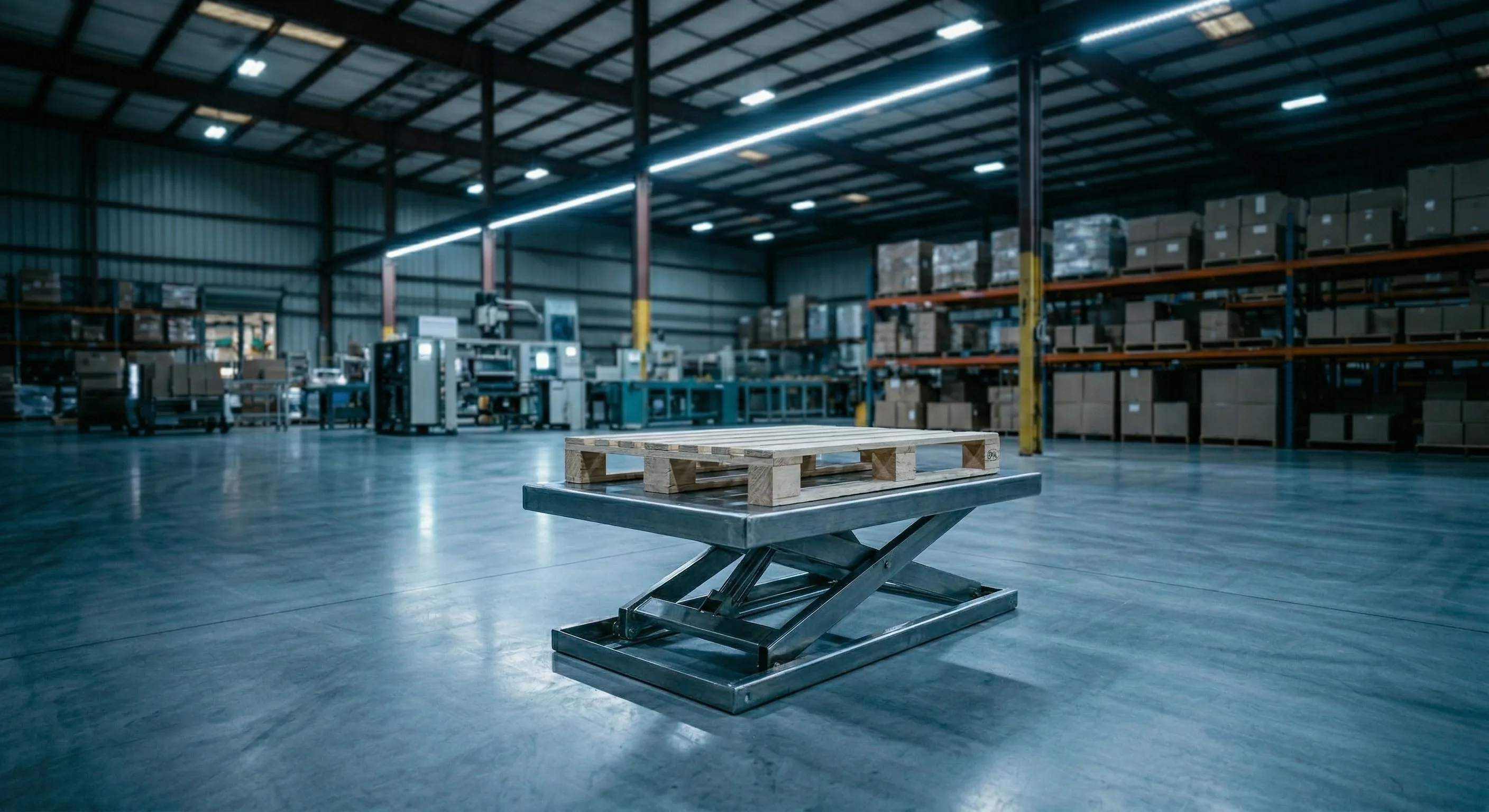 Low-profile scissor lift table with pallet in a Washington DC area warehouse