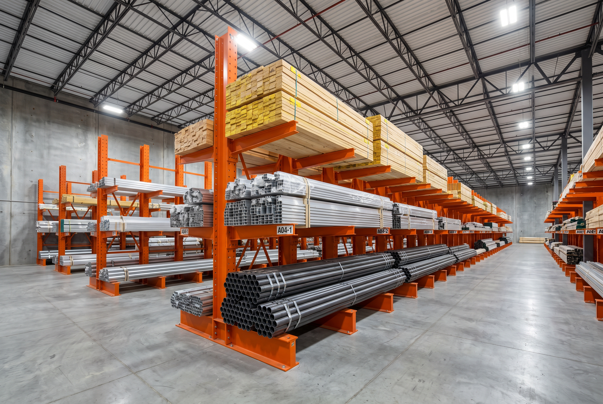 Heavy-duty structural cantilever rack storing pipe, steel, and lumber bundles in a Washington DC area industrial distributor