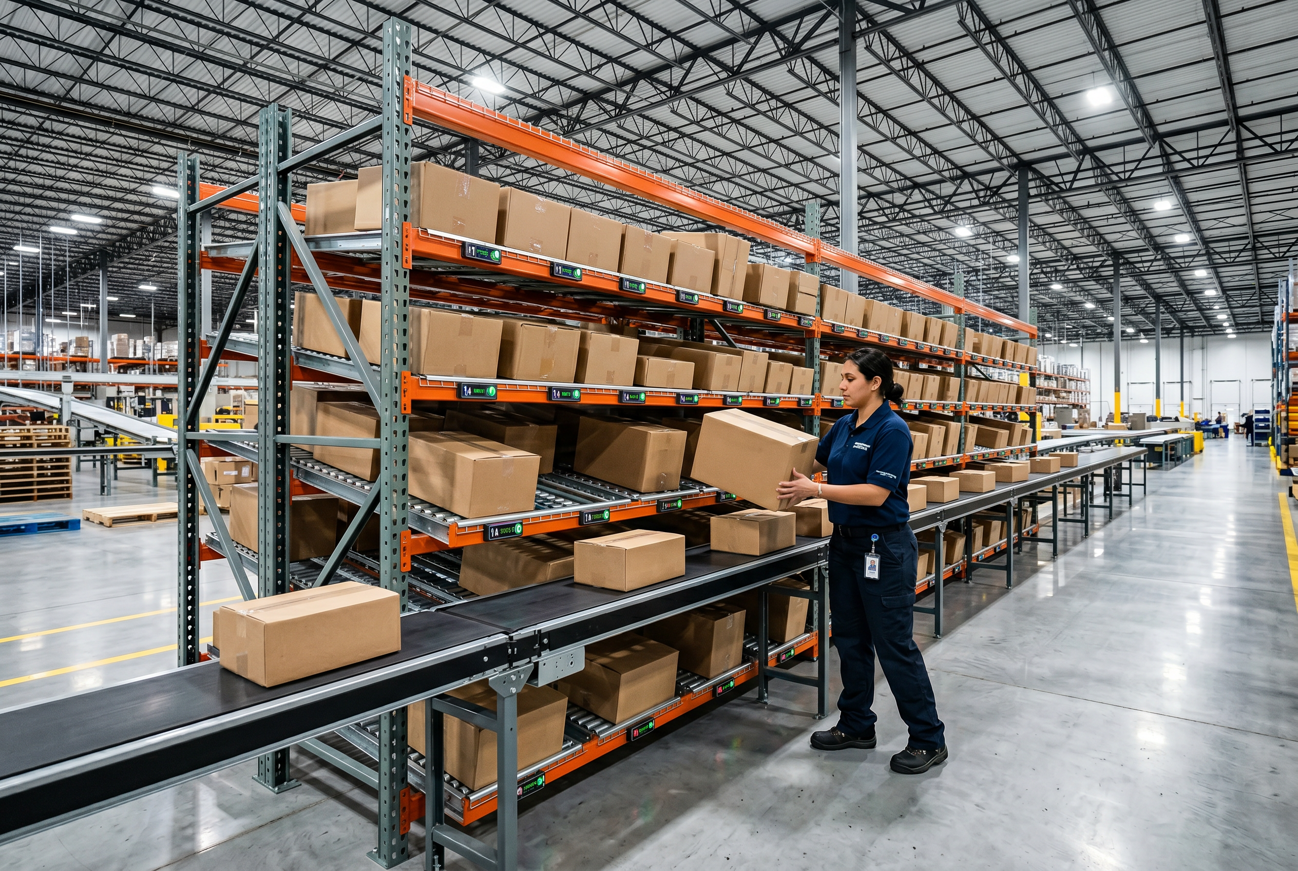 Multi-tier carton flow rack with skate-wheel tracks and warehouse operator picking cases in a Washington DC area fulfillment center