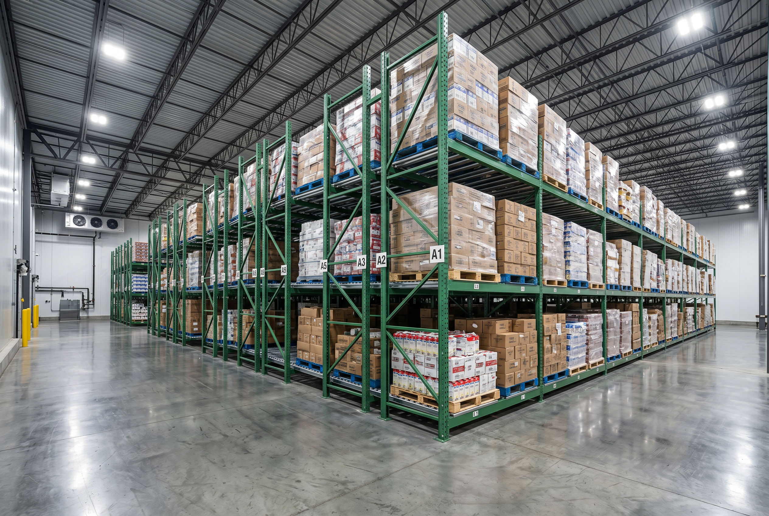 Deep-lane pallet flow rack with gravity rollers in a Washington DC area refrigerated distribution center