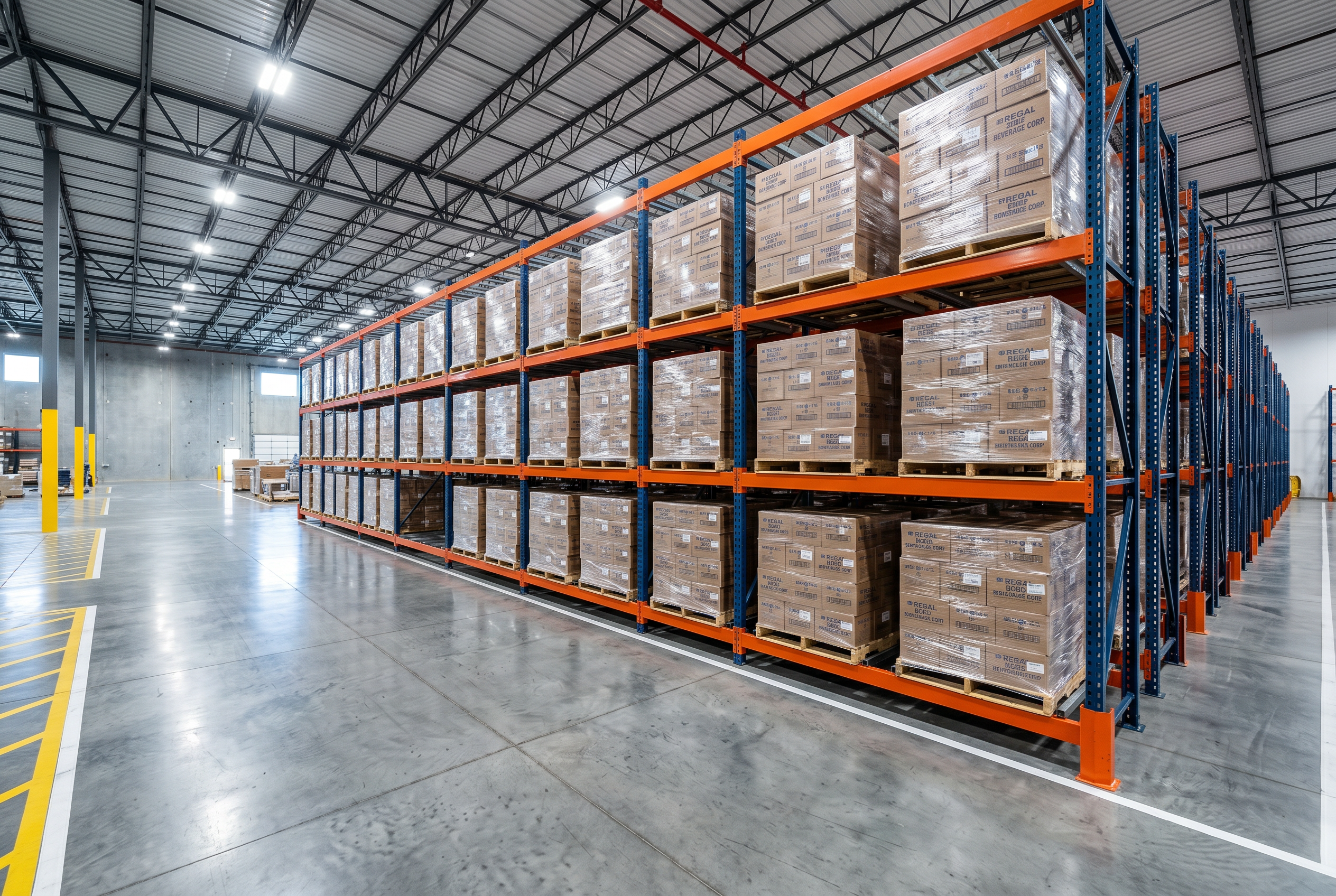 Pushback pallet rack system with nested carts and inclined rails in a Washington DC area warehouse
