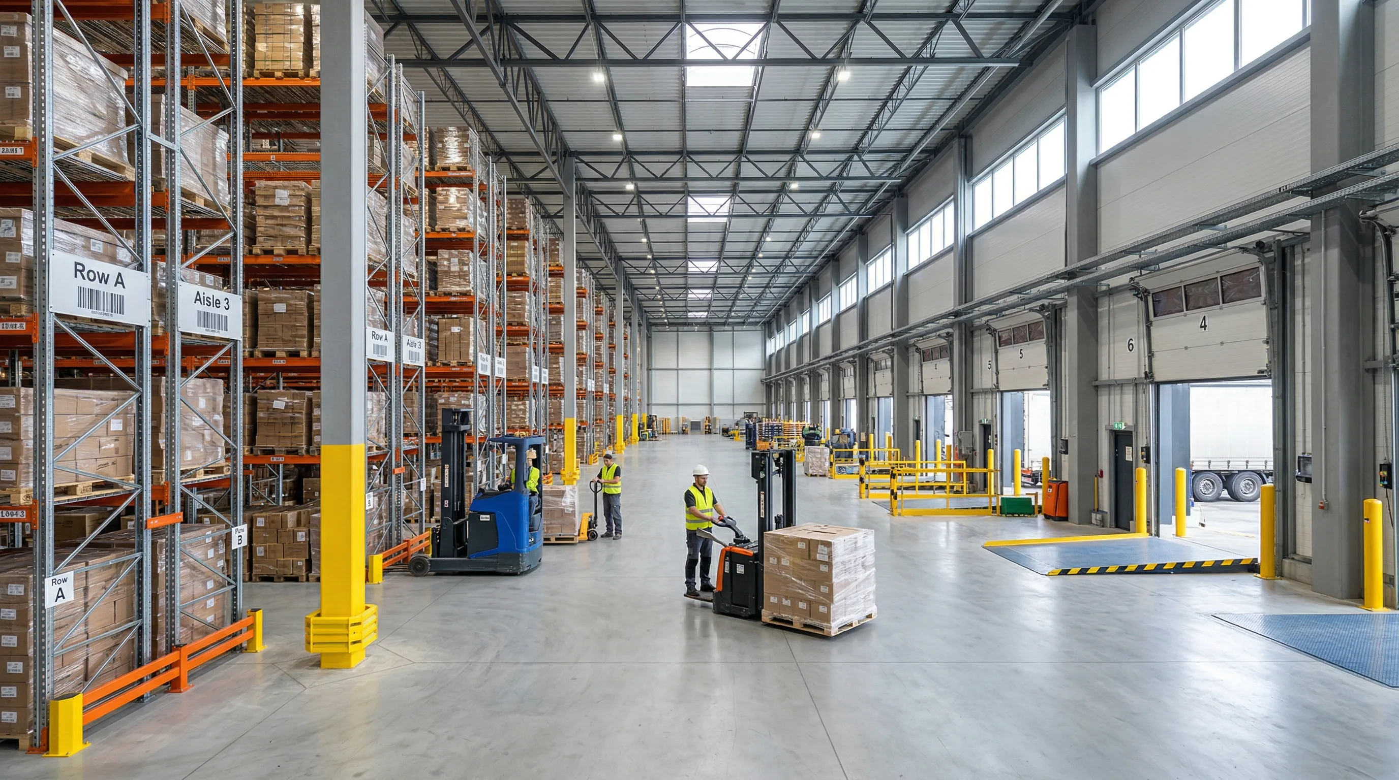 Material handling equipment including forklifts in a warehouse setting